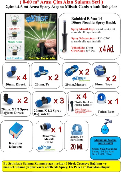 Rainbird (0m² – 60 M² Arası )Bahçe Çim Sulama Sprey Fiskiye Hazır Seti (Boru+Ek Parça+Spreyler) fiyatları