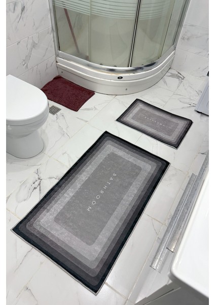 Bathroom Desenli Eko Banyo Paspası, Kaymaz Taban, Makinada Yıkanabilir, Dijital Baskı 2'li Set
