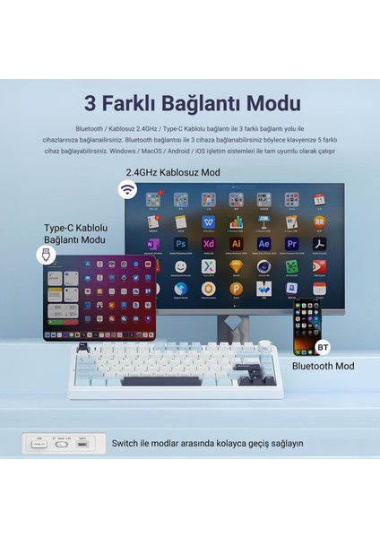 F75 Mekanik Rgb Tkl Ice Vein Switch Kablosuz Makrolu Hot Swap Klavye Lacivert
