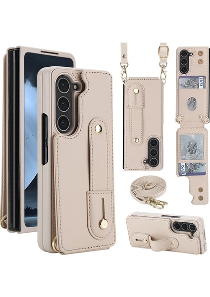 Samsung Galaxy Z Fold5 5g Kickstand Kart Yuvaları Deri Kaplamalı Tpu Kılıf ve Kayış (Yurt Dışından)