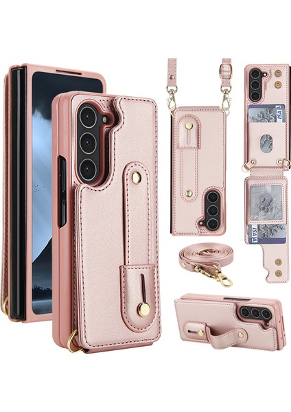Samsung Galaxy Z Fold5 5g Kickstand Kart Yuvaları Deri Kaplamalı Tpu Kılıf ve Kayış (Yurt Dışından)