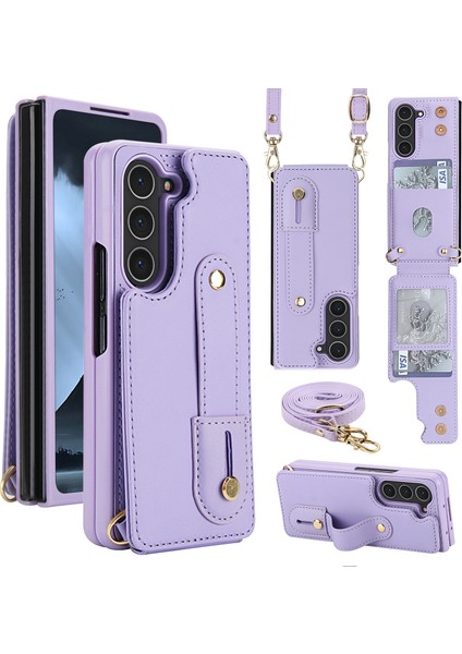 Samsung Galaxy Z Fold5 5g Kickstand Kart Yuvaları Deri Kaplamalı Tpu Kılıf ve Kayış (Yurt Dışından)