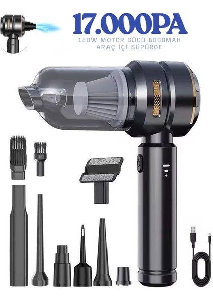 120W 6000MAH 17000PA Vakumlu Üflemeli Araç Içi El Süpürgesi Kablosuz Taşınabilir Şarjlı Mini Süpürge