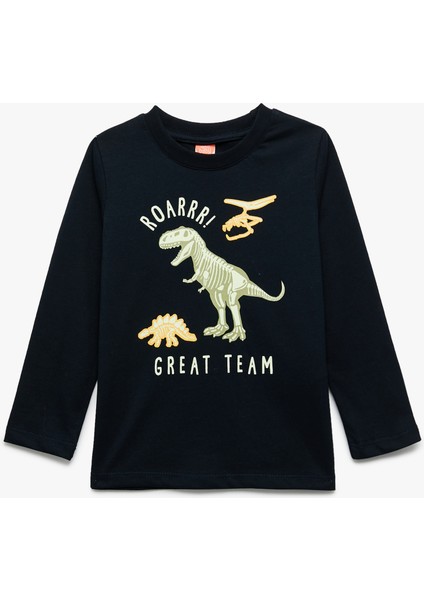 Dinozor Baskılı Uzun Kollu Bisiklet Yaka Pamuklu Tişört