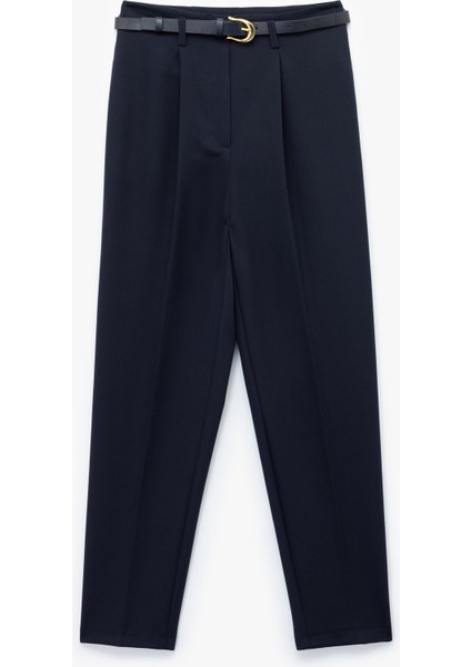 Slim Fit Yüksek Bel Kemerli Cigarette Kumaş Pantolon