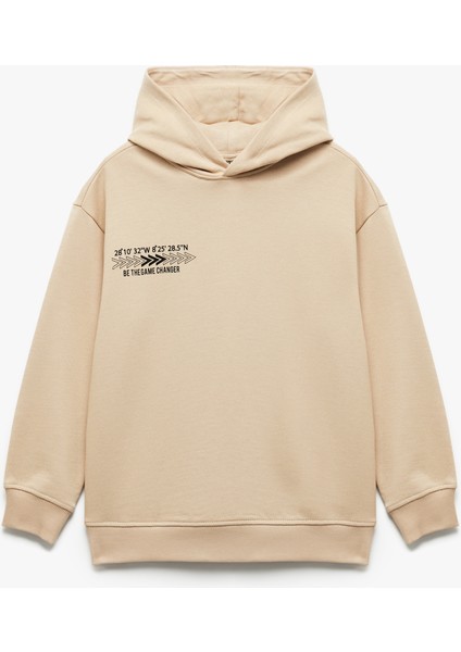 Şardonlu Uzun Kollu Pamuklu Baskılı Oversize Kapşonlu Sweatshirt