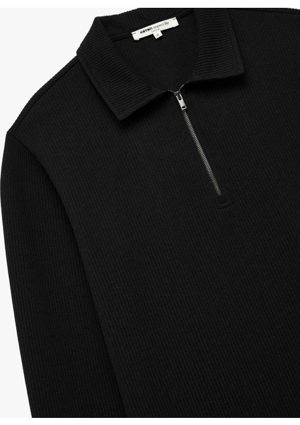 Uzun Kollu Basic Dokulu Yarım Fermuarlı Polo Yaka Sweatshirt modelleri
