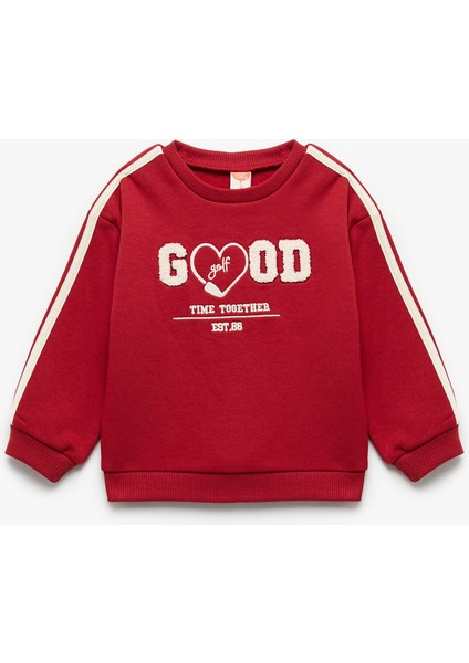 Uzun Kollu Şardonlu Şerit Detaylı Nakışlı Bisiklet Yaka Sweatshirt