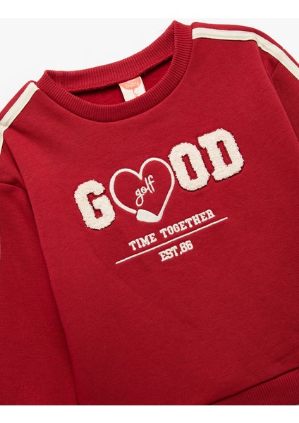 Uzun Kollu Şardonlu Şerit Detaylı Nakışlı Bisiklet Yaka Sweatshirt modelleri