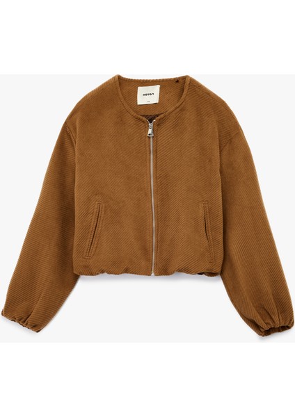 Uzun Kollu Fermuarlı Bisiklet Yaka Kadife Crop Bomber Ceket