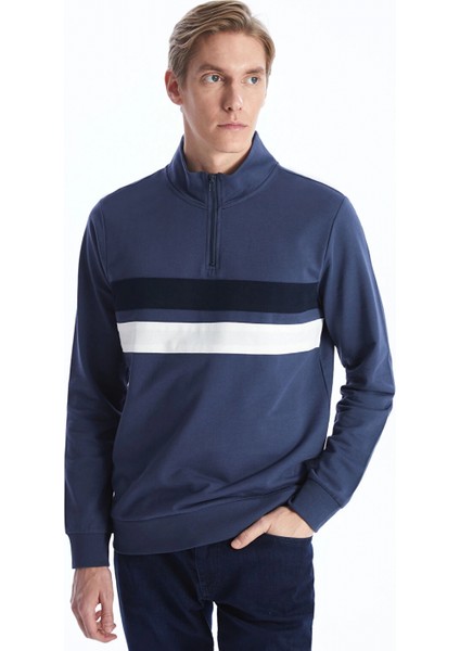Lcwaıkıkı Classic Indigo Dik Yaka Uzun Kollu Renk Bloklu Erkek Sweatshirt