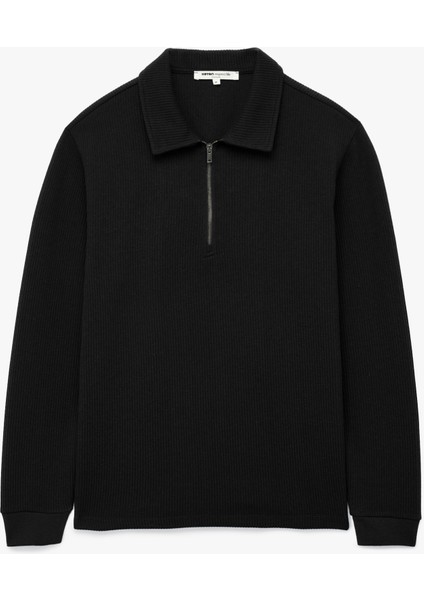 Uzun Kollu Basic Dokulu Yarım Fermuarlı Polo Yaka Sweatshirt