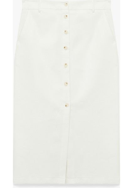 Standart Bel Cepli Yırtmaç Detaylı Midi Düğmeli Kalem Etek