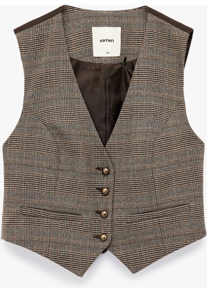 Slim Fit Düğmeli V Yaka Crop Ekose Blazer Yelek