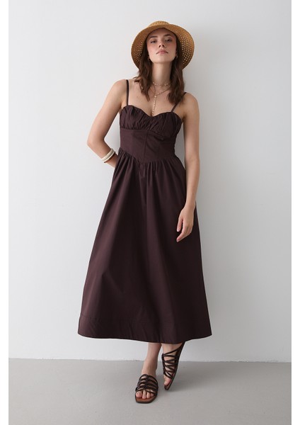 Kahverengi Bel Detaylı Poplin Elbise modelleri