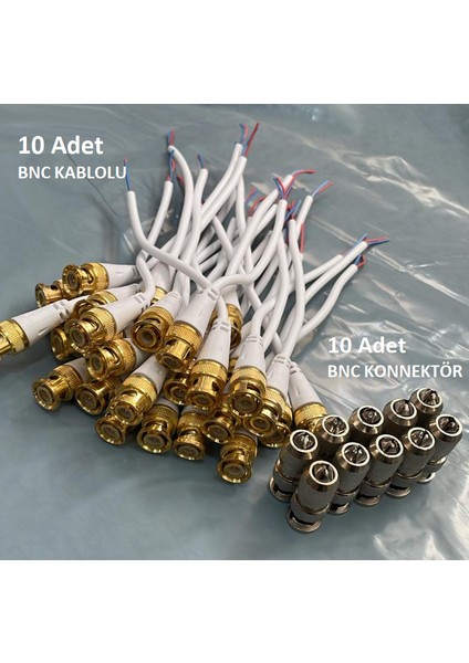 10+10 Adet Hazır Kalın Kesit Kablolu Beyaz Bnc ve Konnektör