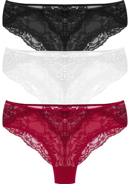 Kadın 3'lü Dantelli ve Tüllü Fantezi Külot (%96 Pamuk - %4 Elastan)