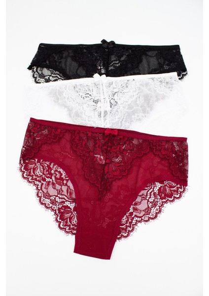 Kadın 3'lü Dantelli ve Tüllü Fantezi Külot (%96 Pamuk - %4 Elastan)