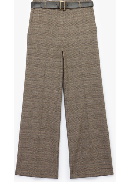 Normal Bel Cepli Kemerli Düz Geniş Paça Ekose Pantolon