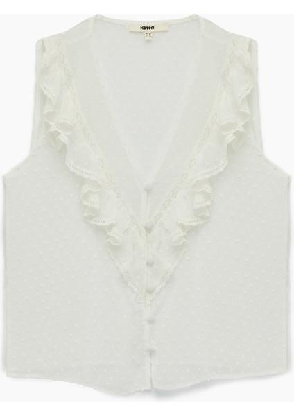 V Yaka Fırfırlı Kolsuz Şifon Gömlek