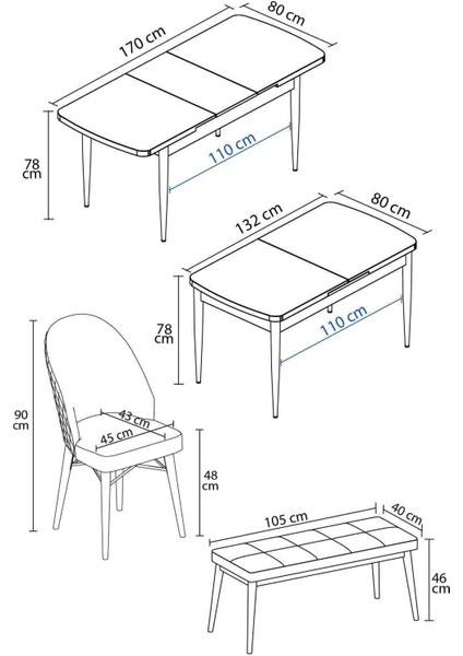Mona Siyah Mermer 80X132 Açılabilir Mdf Masa Yemek Odası Takımı, Mutfak Takımı 6 Adet Sandalye