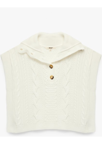 Yarım Düğmeli Devrik Yaka Kolsuz Saç Örgü Süveter