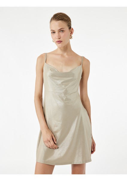 Ip Askılı Simli Kolsuz Degaje Yaka Mini Elbise