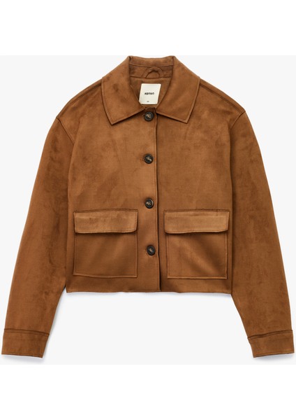 Klasik Gömlek Yaka Düğmeli Cepli Uzun Kollu Crop Suni Süet Ceket