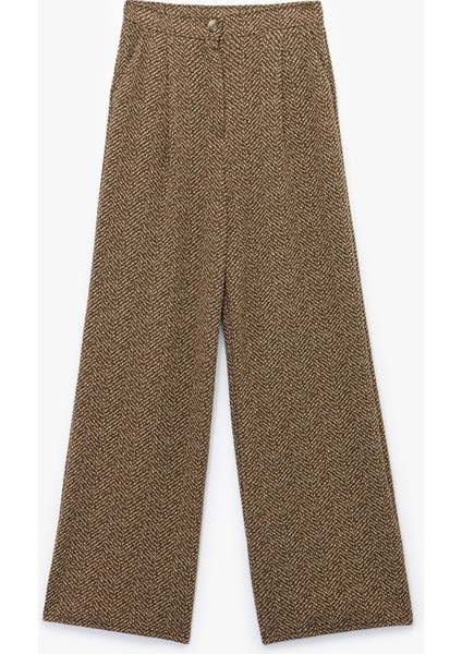 Cepli Pile Detaylı Desenli Geniş Paça Palazzo Pantolon