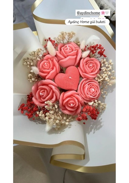 Ayd Pembe Gül Buketi Mum Gül ve Kalp Desenli Çiçek Buketli Gül Kokulu Hediyelik Mum Sevgili Hediye