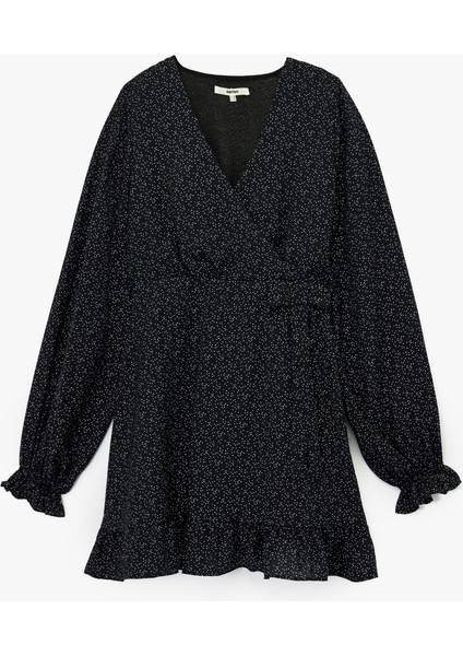 Uzun Kollu Fırfırlı Desenli Kruvaze Mini Elbise