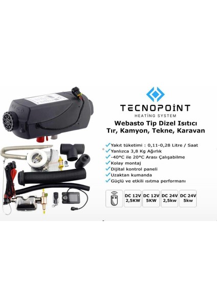 Tecno Point Tecnopoint TC18-01 12V 2.5kw Webasto Tip D2 Model Tekne, Karavan, Minibüs Uyumlu Dizel Isıtıcı fiyatları