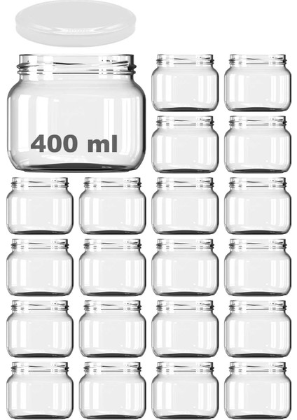400 ml Kavanoz Metal Beyaz Konserve Kapaklı 400 cc Şeffaf Magnolya Cam Kavanoz 20 Adet