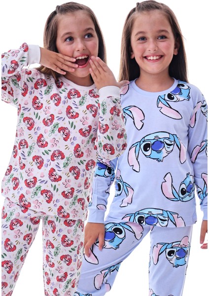 2'li Cute Sky ve Stitch Desenli Kız Çocuk Pijama Takımı