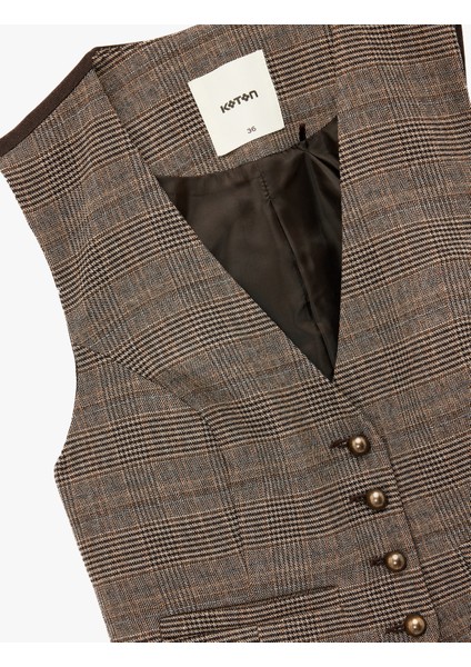 Slim Fit Düğmeli V Yaka Crop Ekose Blazer Yelek modelleri