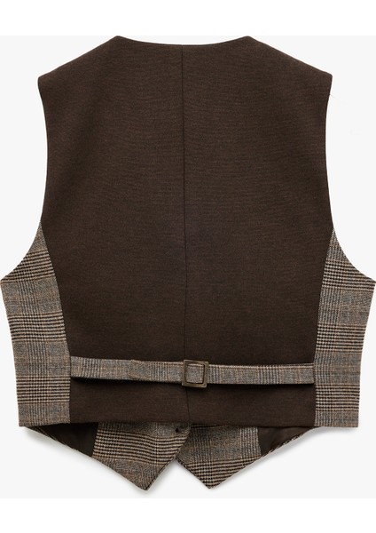 Slim Fit Düğmeli V Yaka Crop Ekose Blazer Yelek fiyatları