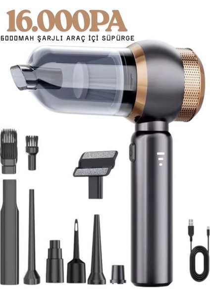 Ahv 8in1 Kablosuz 16000 PA Araç, Ev, Ofis Içi Mini Süpürge – 6000 MAH Şarjlı, Vakum + Üfleme