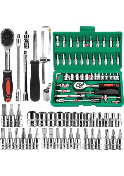 46PC Sürücü Soket Seti 1/4 Inç Cırcır Anahtar Seti Soketli Metrik Hex Bit Soket Seti Oto Tamir Evi Için Mekanik Alet KITLERIRENK:46PC (Yurt Dışından)