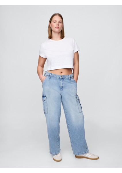 Kadın Mavi Mid Rise '90S Loose Kargo Jean Pantolon