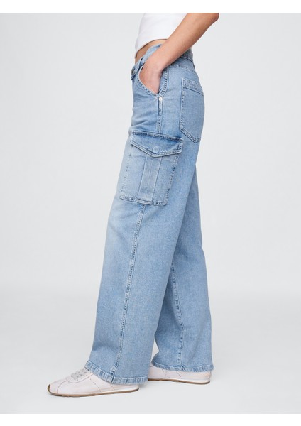 Kadın Mavi Mid Rise '90S Loose Kargo Jean Pantolon