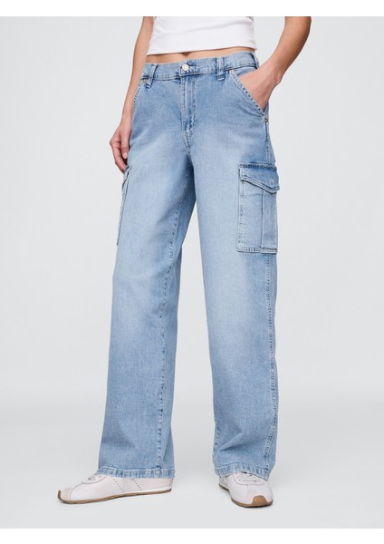 Kadın Mavi Mid Rise '90S Loose Kargo Jean Pantolon