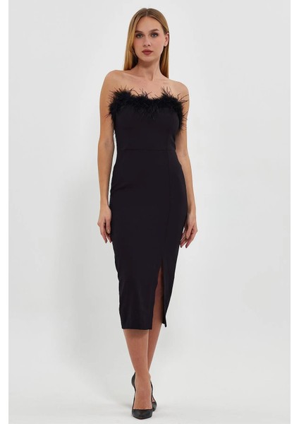 Siyah Peluş Tüy Detaylı Siyah Elbise Yırtmaçlı Gece Elbise modelleri