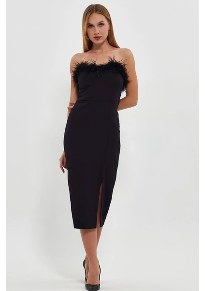 Siyah Peluş Tüy Detaylı Siyah Elbise Yırtmaçlı Gece Elbise indirimleri