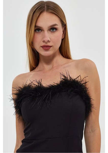 Siyah Peluş Tüy Detaylı Siyah Elbise Yırtmaçlı Gece Elbise