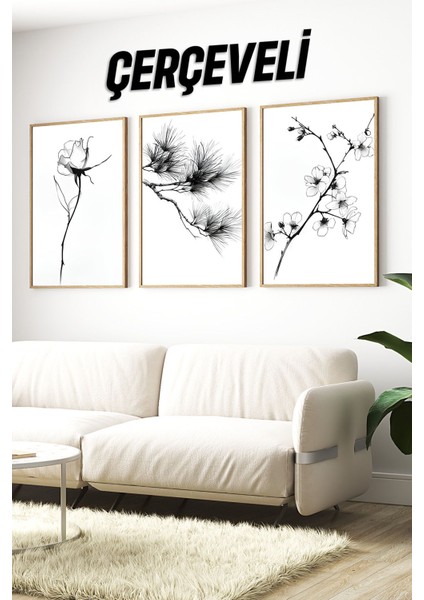 🌿 Siyah Beyaz Çiçek ve Bitki Desenli 3'lü Ahşap Çerçeveli Tablo Seti🌿 CRV1103