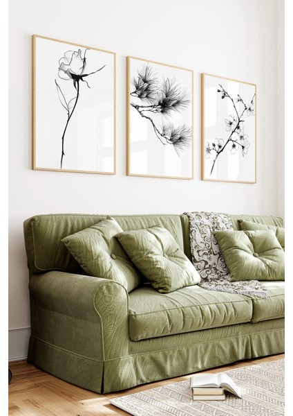 🌿 Siyah Beyaz Çiçek ve Bitki Desenli 3'lü Ahşap Çerçeveli Tablo Seti🌿 CRV1103 fiyatları
