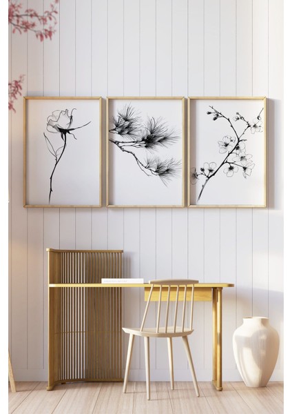 🌿 Siyah Beyaz Çiçek ve Bitki Desenli 3'lü Ahşap Çerçeveli Tablo Seti🌿 CRV1103 modelleri