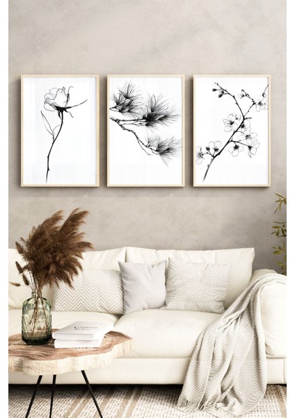 🌿 Siyah Beyaz Çiçek ve Bitki Desenli 3'lü Ahşap Çerçeveli Tablo Seti🌿 CRV1103 indirimleri