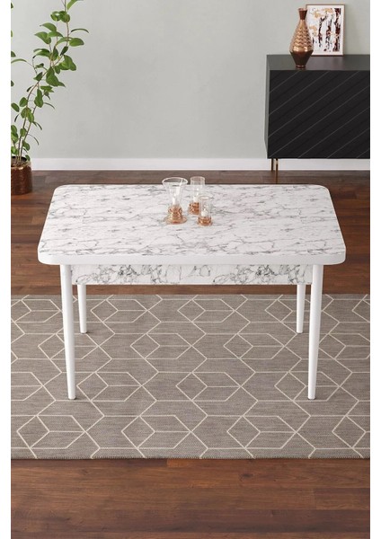 Vera 70X110 Mdf Beyaz Mermer Desen Ahşap Ayaklı Sabit Üst Kalite Mutfak Masası, Yemek Masası, Salon Masası