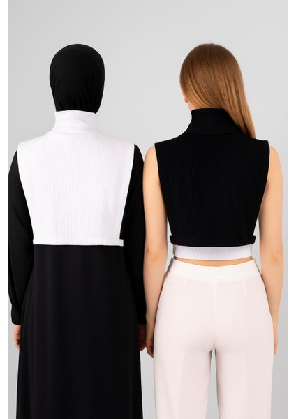 Mırach 2'li Paket Tam Balıkçı Full Kapalı Fitilli Kolsuz Boyunluk Seti Siyah ve Beyaz | Tesettür Atlet Bluz Crop
